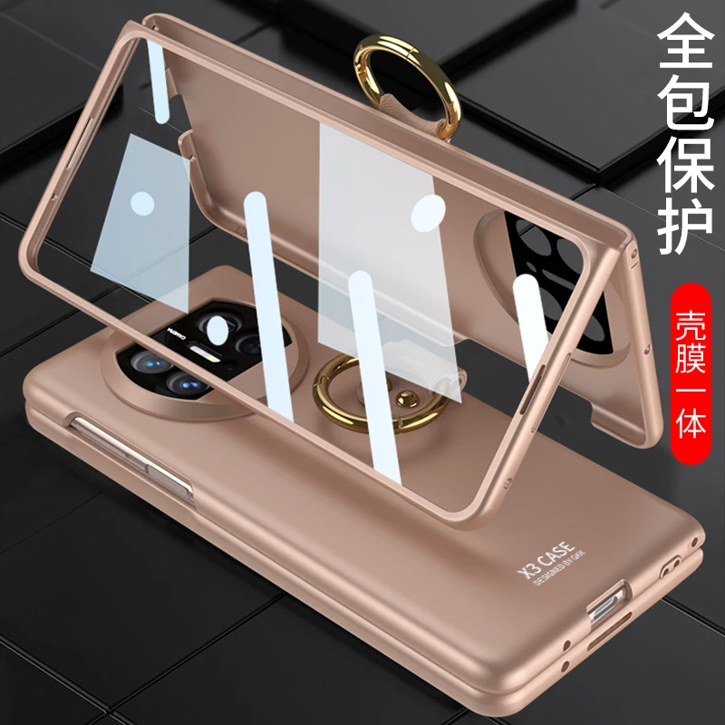 For Huawei Mate X3 Case Ultra Thin Skin Friendly Matte Metal Ring Bracket With Tempered Film Folding Shockproof Cover Accessory
