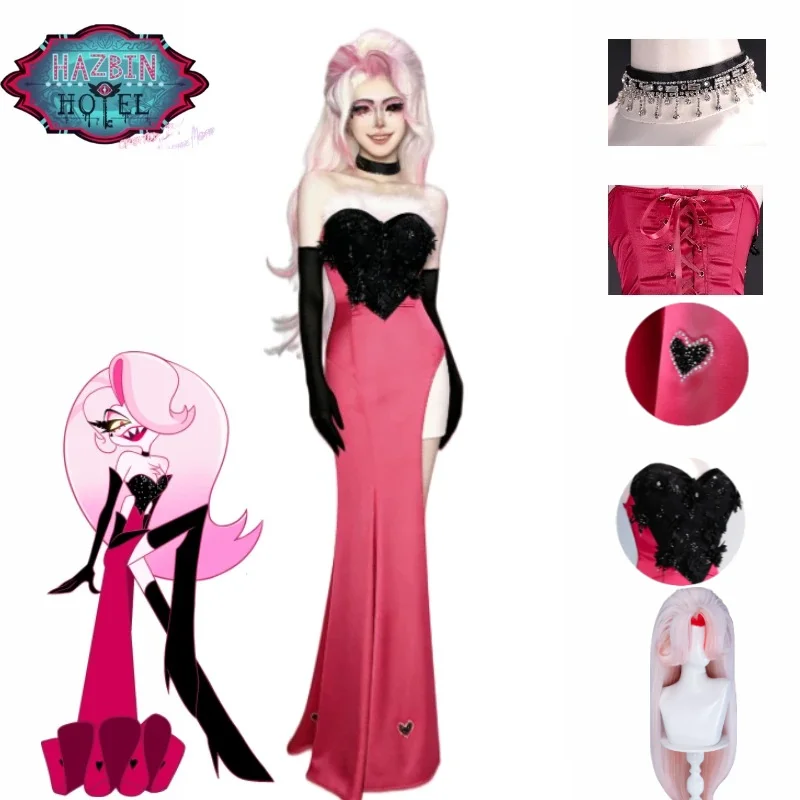 

Angel Dust Cosplay Costume From Hazbin Hotel Sexy Black Pink Fitted Long Gown Anime Cosplay Outfit Wig Set for Halloween Party