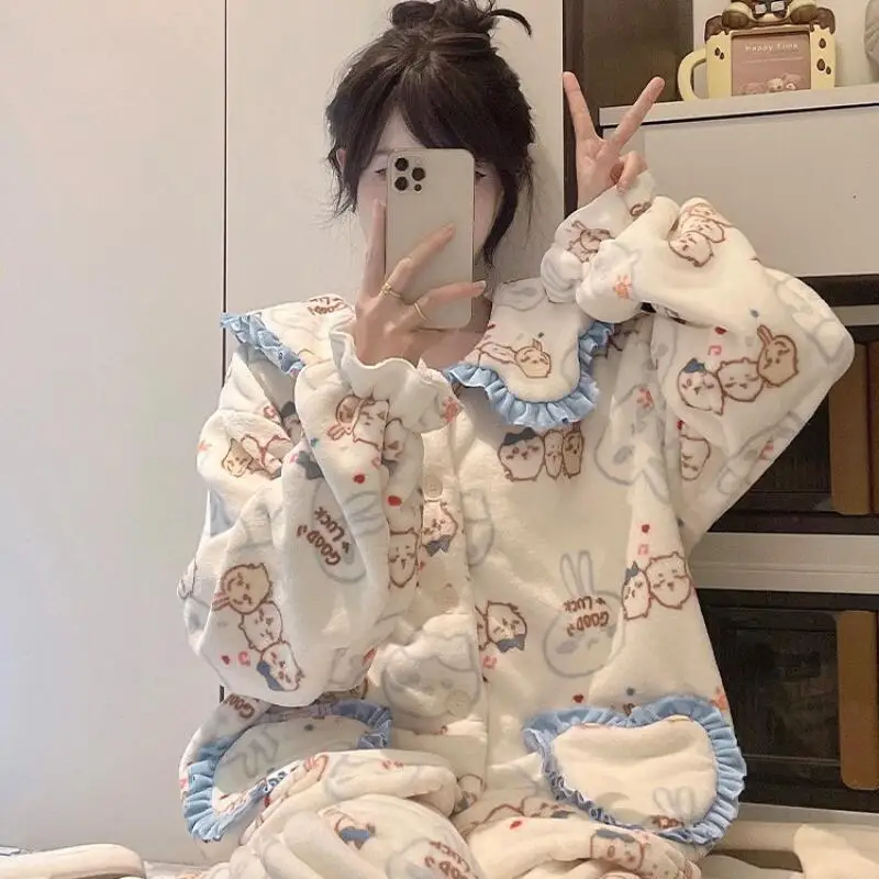 Студенческая плотная теплая одежда для сна Usagi Chiikawa, 2 предмета, осень-зима 2021, новинка Hachiware, милый комфортный комплект домашней одежды с героями мультфильмов аниме