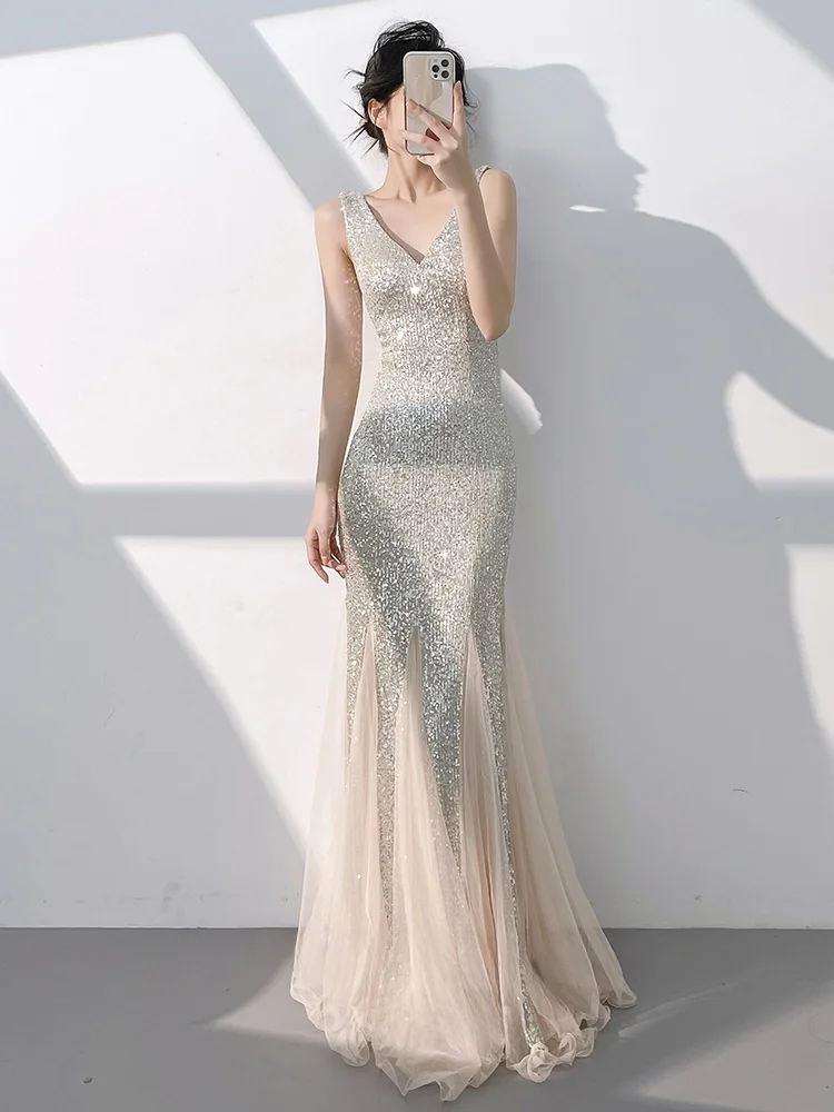 

Champagne Color Evening Gown Women's High-End Sensation Par Host Year End Fi Tail Sequin Skirt Beautiful High End Dr