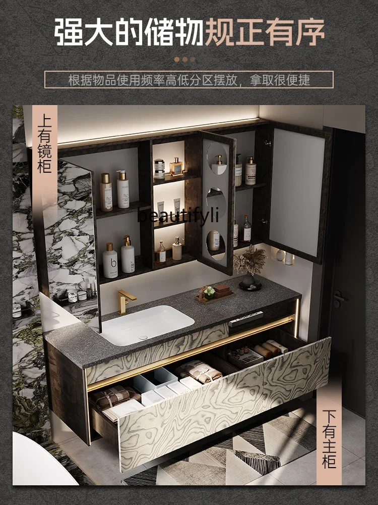 

Y13 Light luxury solid wood bathroom cabinet combination whole body rock slab seamless ceramic basin washbasin