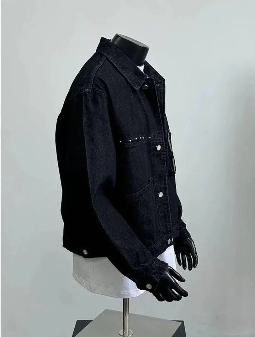 Men's Solid Color Black Denim Jacket Autumn Street Style Retro Cardigan Young Boys Long Sleeved Male Chic Single-breasted Coat