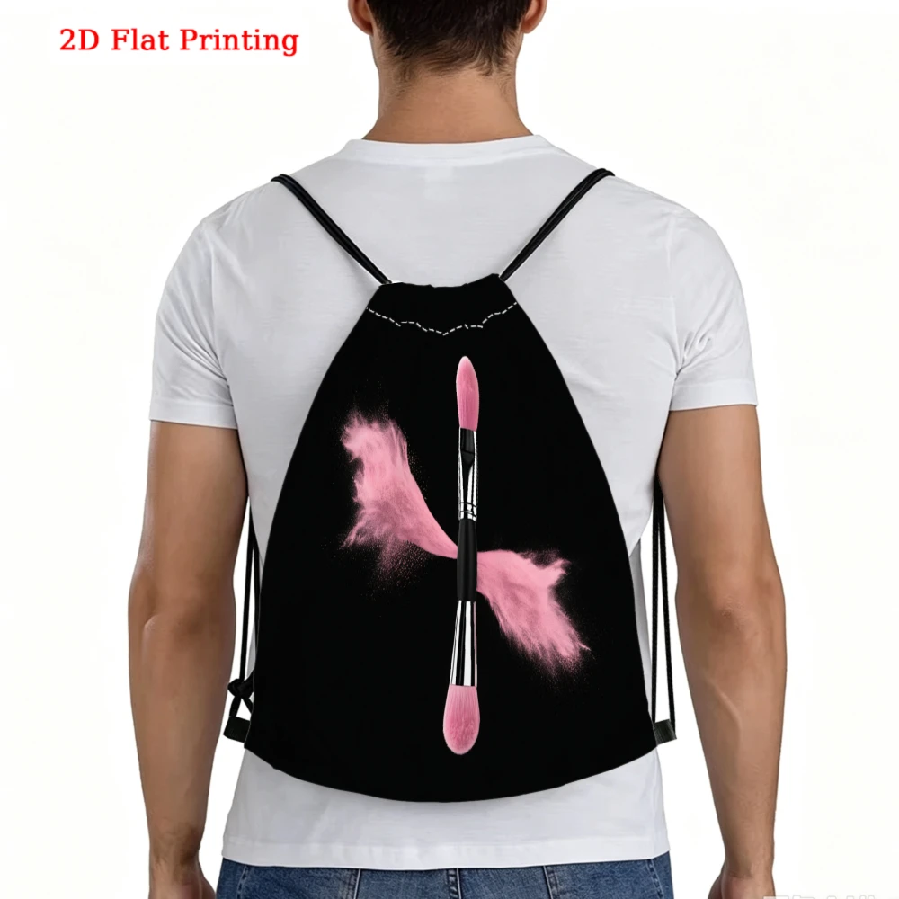 Pink Makeup Brush and Feather 2D Printed Drawstring Backpack for Fitness Sports Outdoor Travel