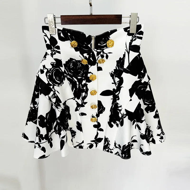 New Star Fashion Tulip Rose Metal Button Print Short Skirt Mini Skirts for Women Evening Dresses Women Clothing Trendy