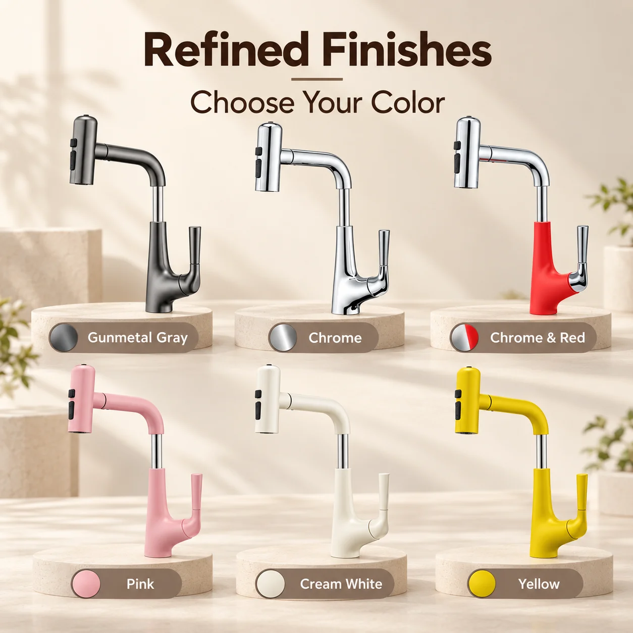 Pull Out Brass Bathroom Faucet 4 Spray Modes Upward Fountain Spray Height Adjustable 360° Swivel Hot Cold Single Hole Mixer Tap
