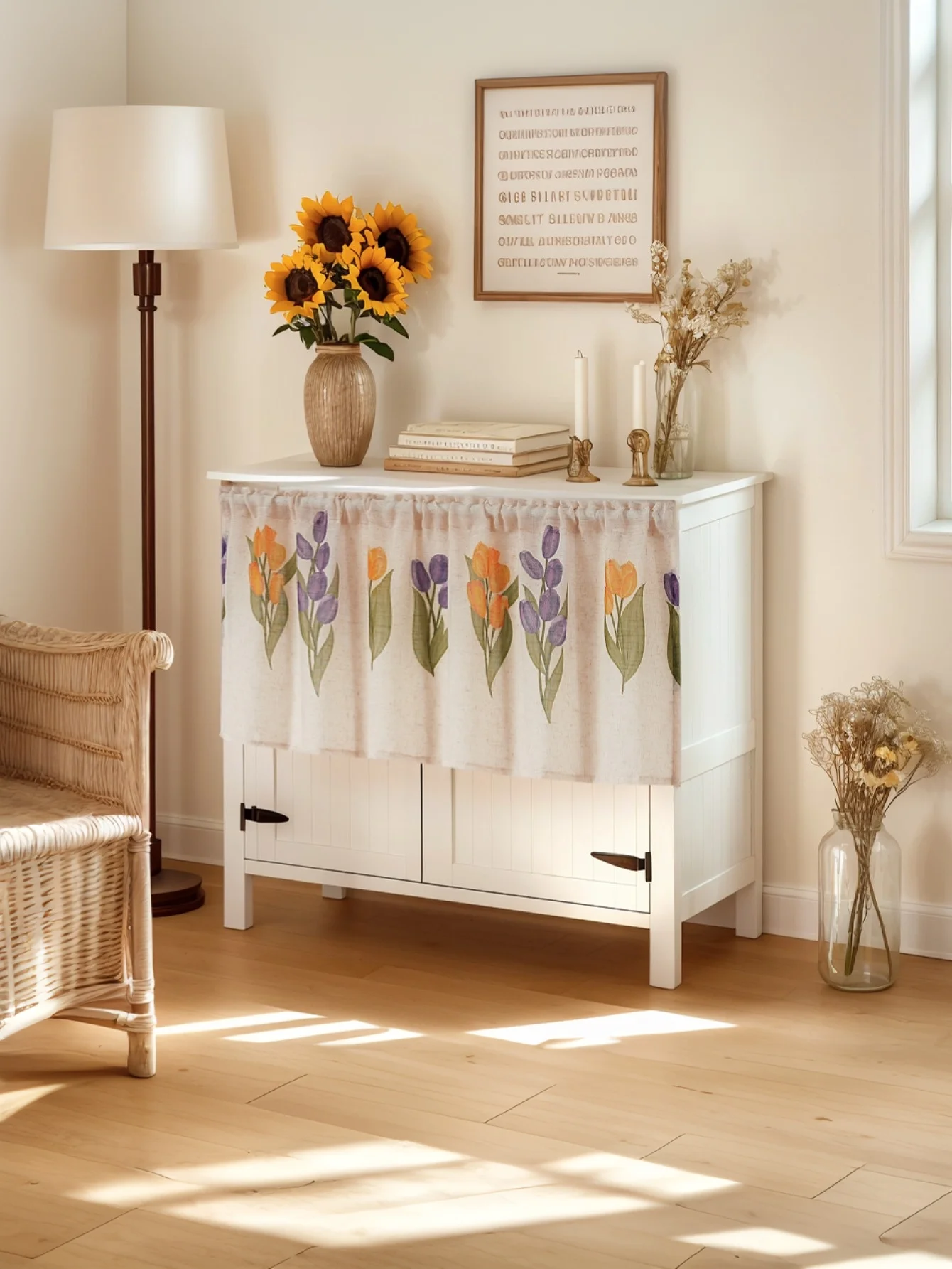 Japanese Tulip Print Linen Short Curtain Short Valance for Living Room Bedroom Minimalist Style Decor Small Window Treatment