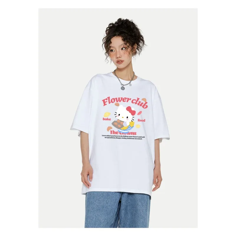 

Kawaii Hello Kitty женский корейский топ Y2K аниме Kawaii летняя свободная женская повседневная модная футболка для пар с милой девушкой