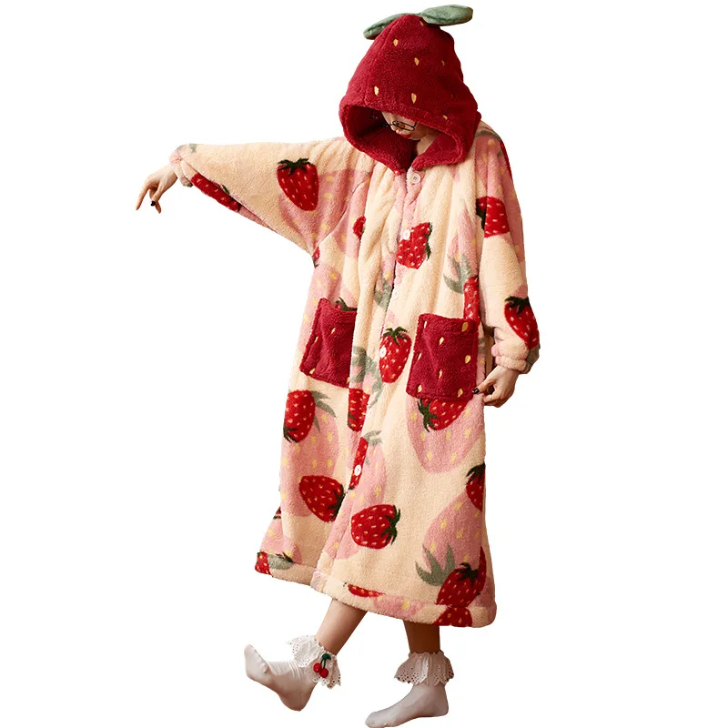 Winter Pajamas For Women Strawberry Cartoon Hooded Long Robe Jacket Cute Home Wear Sleepwear Kawaii Flannel Warm Comfy Bathrobe