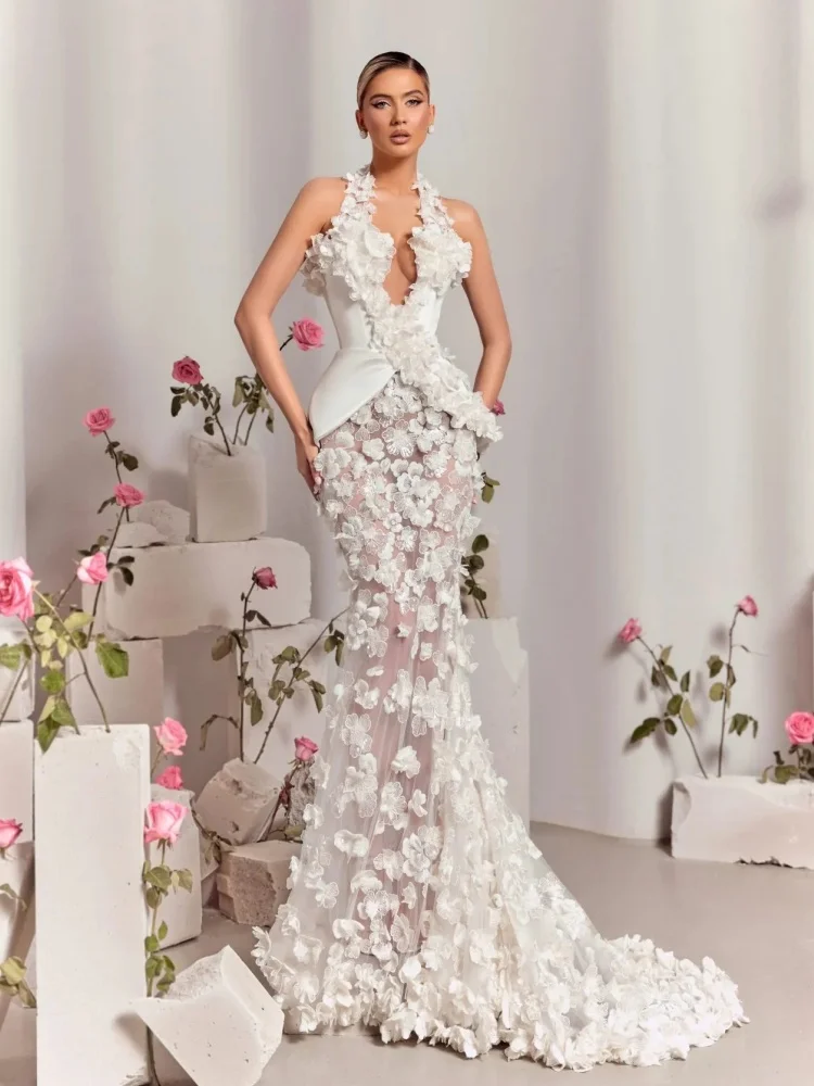 Robe de mariée sirène de luxe en dentelle transparente, avec des Appliques florales blanches, élégante, col licou, robe de soirée transparente, 2025