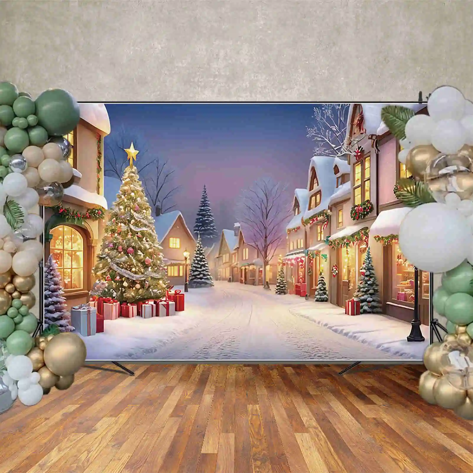 MOON.QG 2024 Merry Christmas Village Backdrop Trees Gifts 2025 New Year Decoration Photography Background Photozone Studio Props