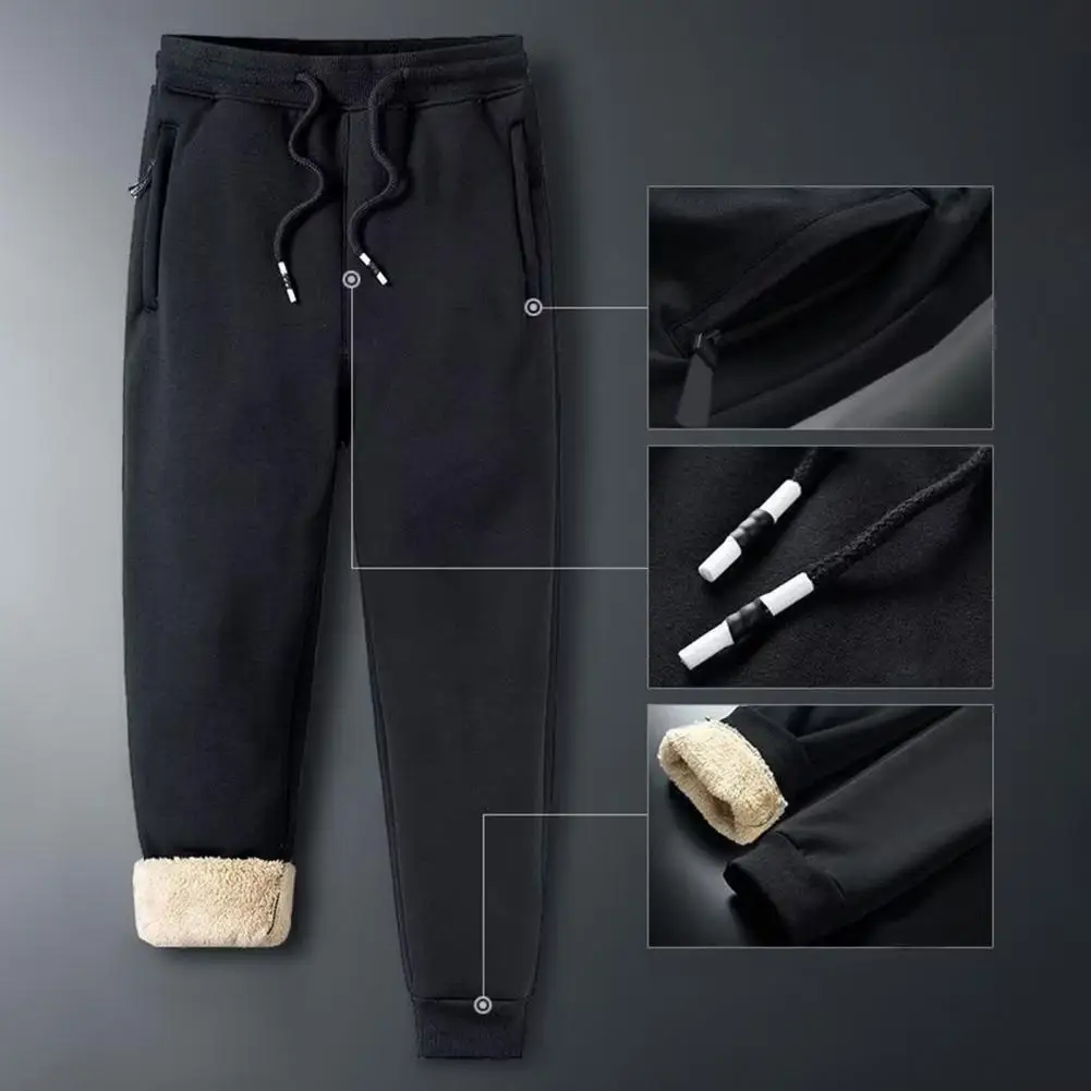 Men Winter Sweatpants Men's Winter Plush Drawstring Pants with Zipper Pockets Warm Sport Trousers for Travel Work for Heat