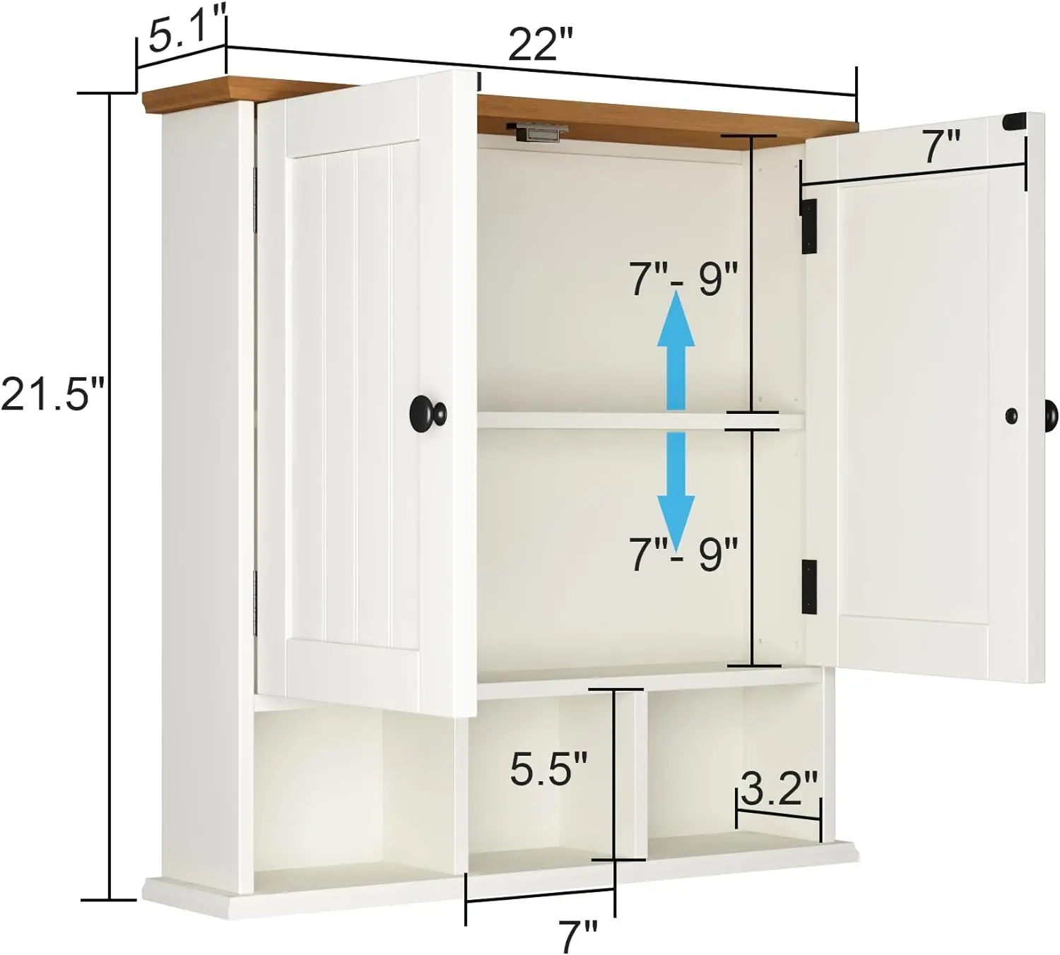 Badezimmers chrank Wand 2-türig mit 3 offenen Regalen aus Holz mit verstellbarem Regal Wohnzimmer, weiß braun neue USA