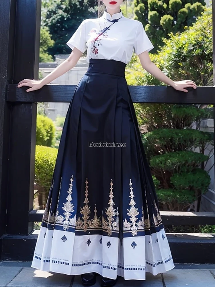 2024 summer new improved retro fashion chinese style hanfu set vintage embroidered cheongsam top pleated skirt 2 piece set b138