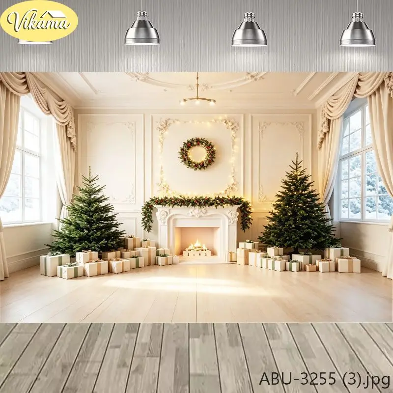VIKAMA Christmas Fireplace Living Room Tapestry, Double Christmas Tree Background Cloth, Party Wall Decor