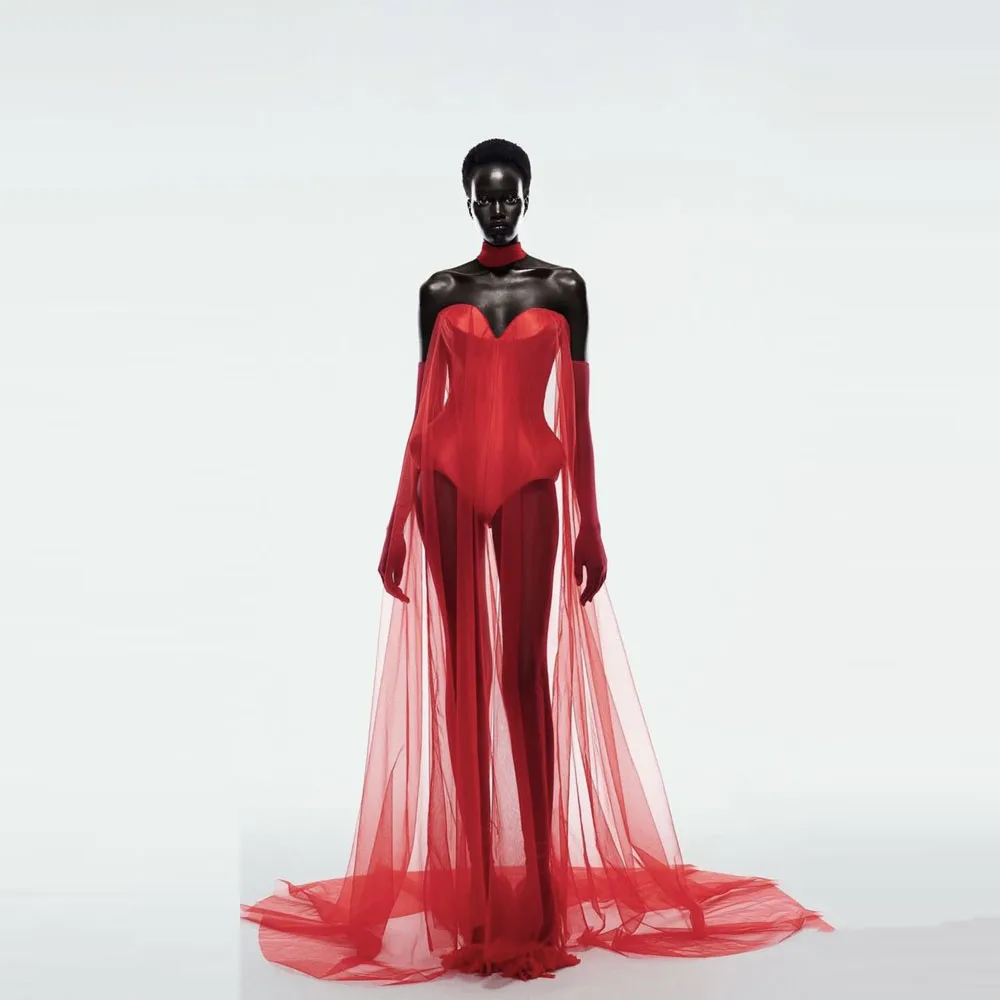 

Sexy See Thru Red Jumpsuits With Tulle Outerlay Bridal Robe Illusion Female Party Dress Women Maxi Dress