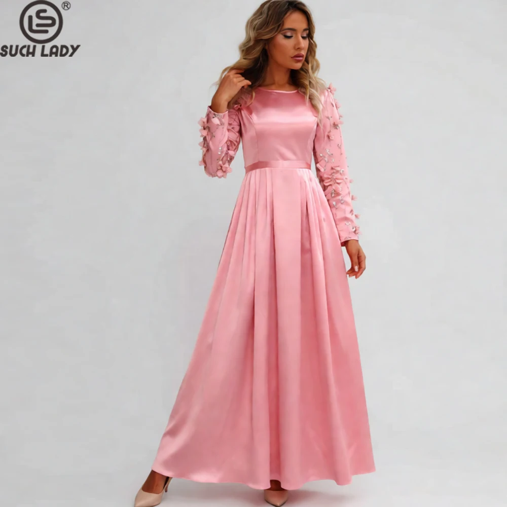 Women's Dusty Pink Satin Maxi Dress, Long Sleeve A-Line Evening Gown with 3D Floral Appliques Sleeves, Elegant Vestidos