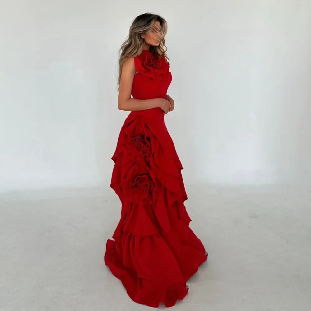 Red Flowers Party Dresses Chic Ruched Pleat Mermaid Prom Gowns Simple Fashion Sleeveless Floor Length Formal Evening Dresses