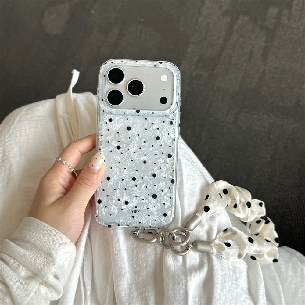 New Polka Dot Shell Texture Phone Case For iPhone 15 16 17 Pro Max Soft TPU Cover With Silk Scarf Shockproof Protective Shell