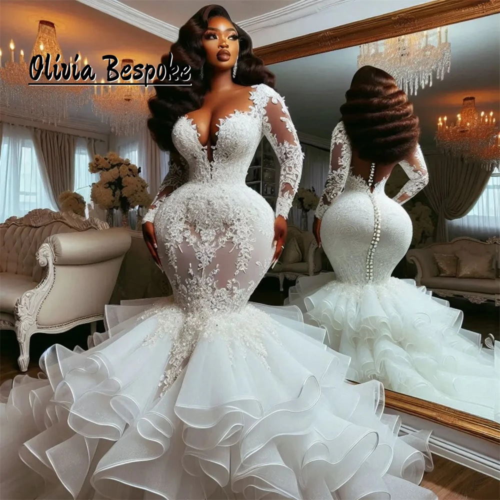 

Chic Ruffles Train Aso Ebi Wedding Dresses For Women 2025 Bride Luxury Lace Long Sleeves Bridal Gowns Mermaid African Customized