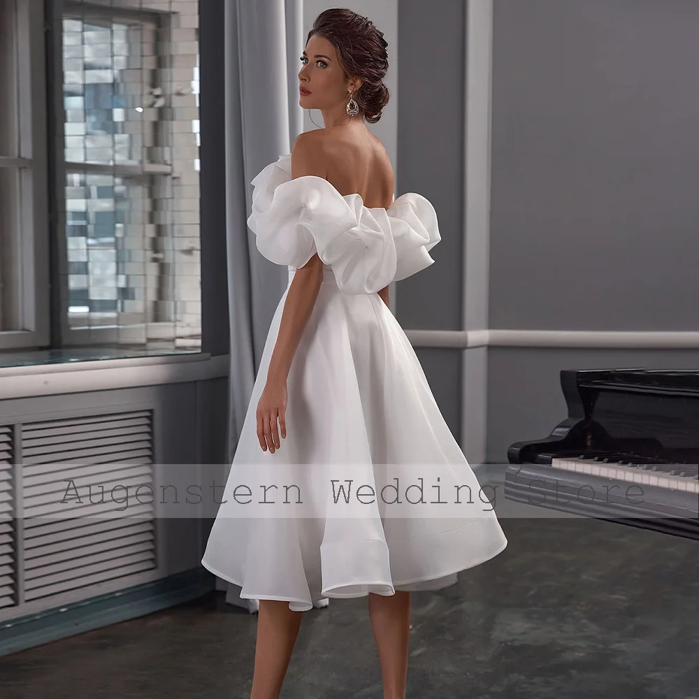 Midi Wedding Dress Off the Shoulder A Line Organza Satin Wedding Gowns for Women 2024 Tea Length Pearls White Bridal Dresses