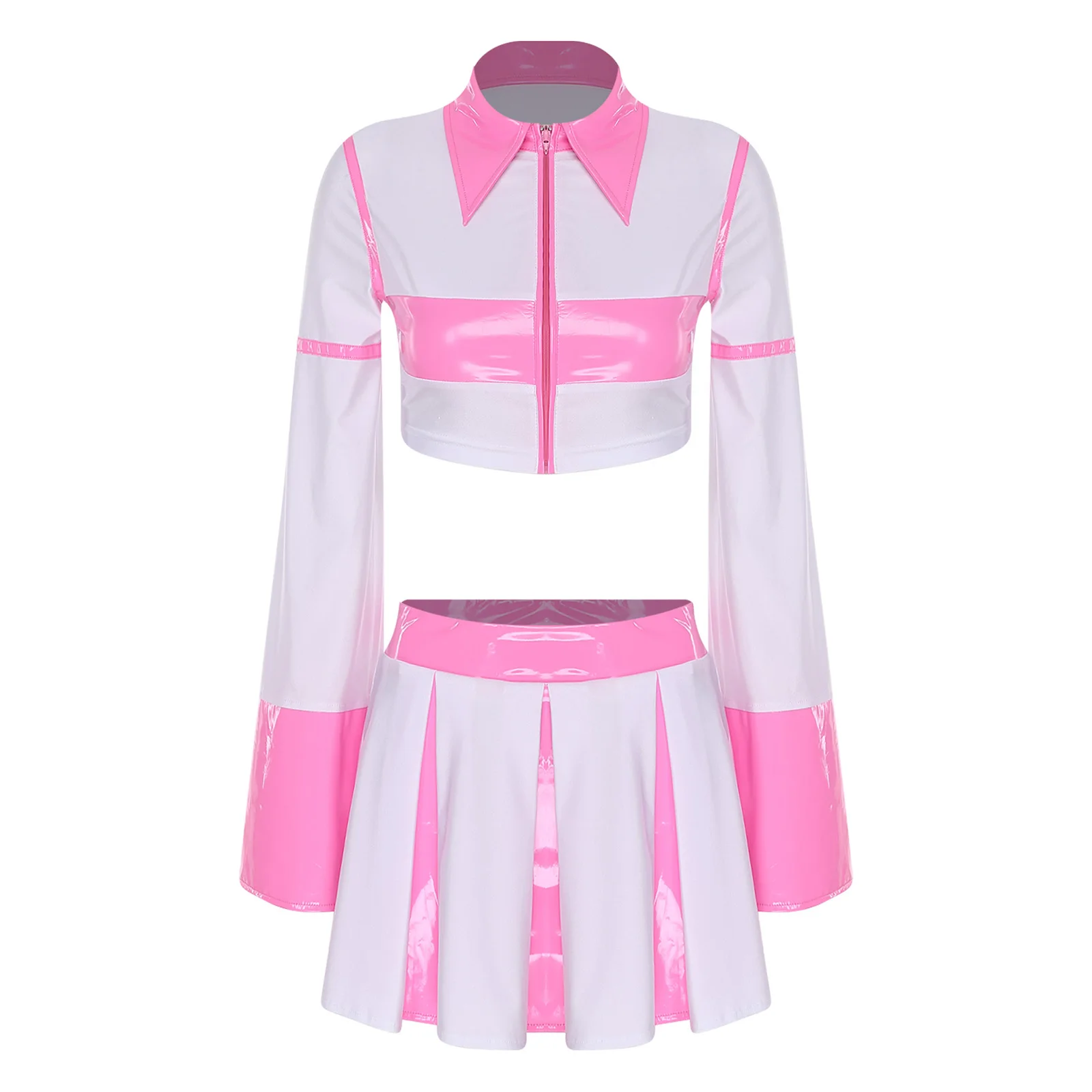 المرأة نظرة الرطب أنيمي تأثيري حلي مجموعة التشجيع يهتف الرقص وتتسابق طويلة الأكمام اقتصاص وتنورة قصيرة مطوي للنادي #4