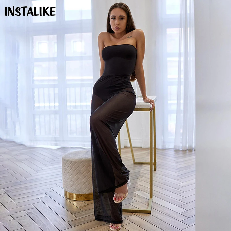 

InstaLike Tube Sexy Mesh Black Strapless Sexy Loose One Piece Jumpsuit Summer Fashion Women Streetwear Vacation Romper Overalls