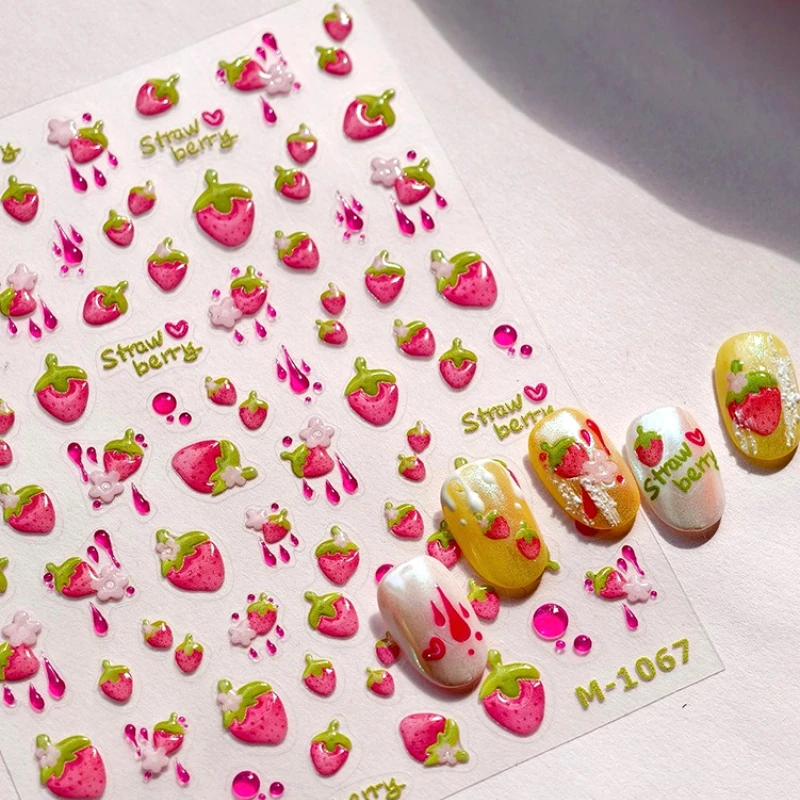 사랑스러운 핑크 크림 딸기 쥬시 과일 꽃 녹색 잎 사랑 하트 귀여운 5D 셀프 접착 네일 아트 스티커 매니큐어 데칼