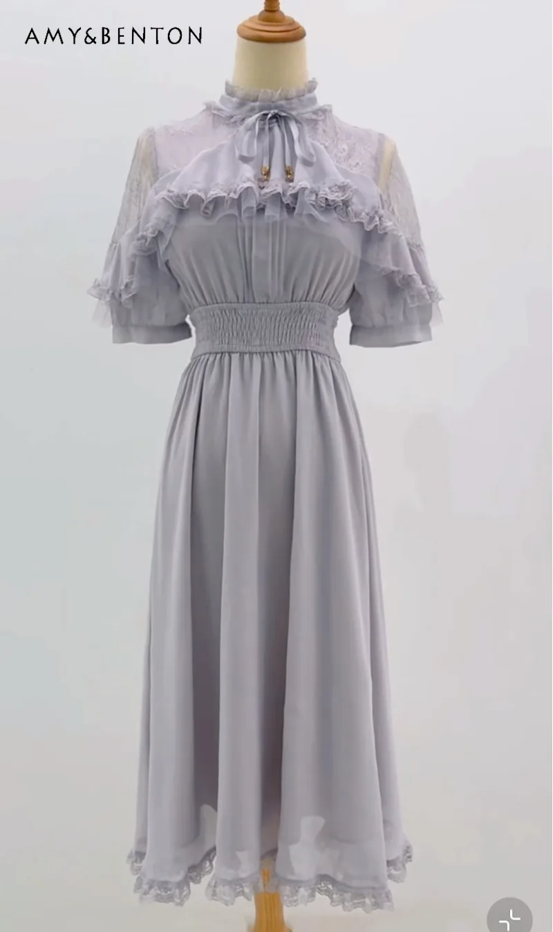 

Rojita Elegant Fairy Style Dress Japanese Sweet Lace Trim Stand Collar Short Sleeve Slim Long Dress Graceful A-line Dresses