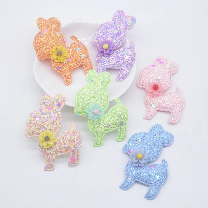 6Pcs Glitter Padded Deer with Flower Appliques for DIY Clothes Hat Shoes Toy Sewing Patches Handmade Headwear Clips Bow Decor