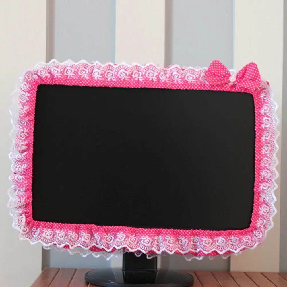 Lace Fabric Computer Frame Cover Monitor Screen Dust Cover With Elastic Pen Pocket Bow Home Decorations