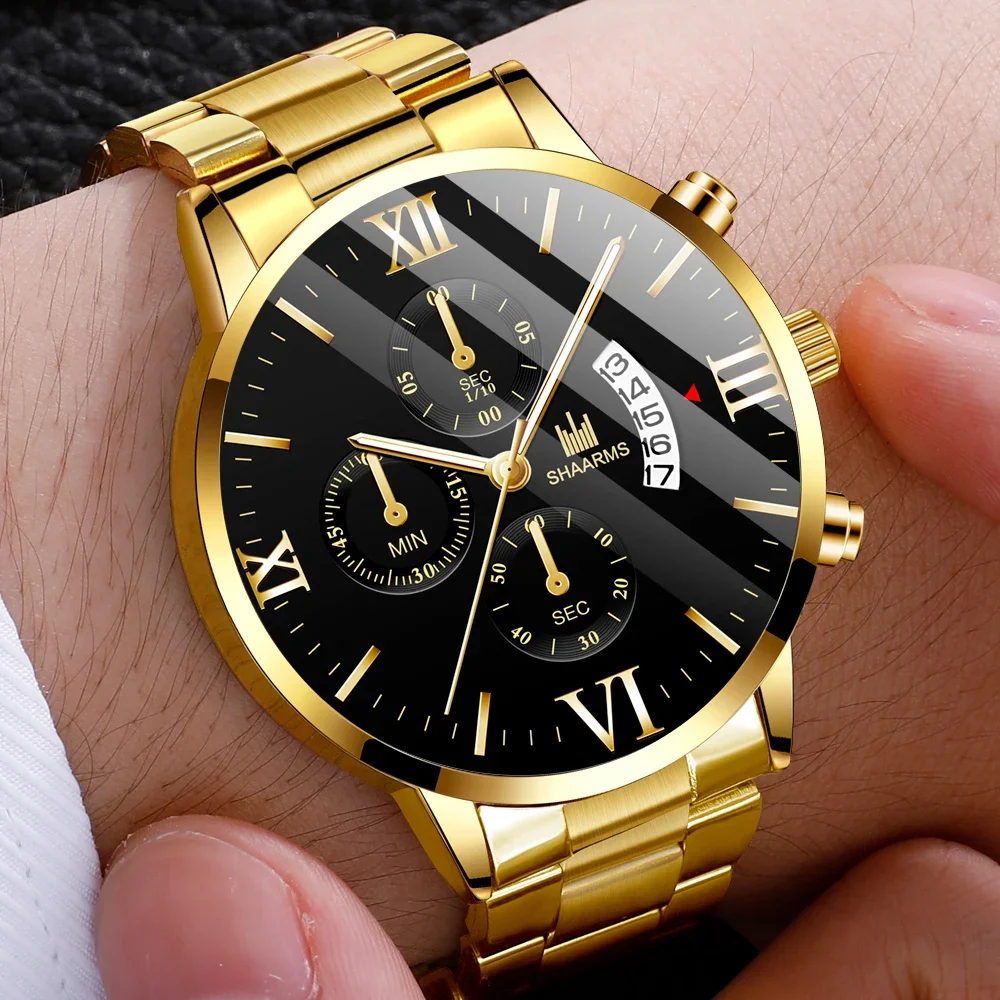 Reloj de cuarzo de lujo para hombre, reloj de acero inoxidable dorado y negro con calendario y fecha, reloj masculino