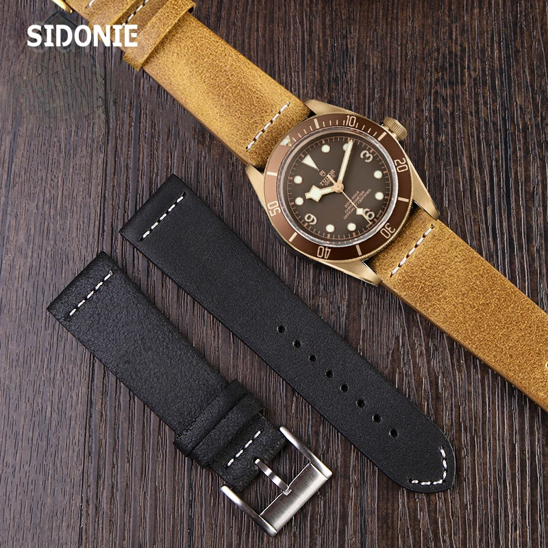 Vintage Genuine Leather Watch Band for Tudor Bronze Zenith Pilot Mido Men\'s Cowhide Accessories 23mm Watch Strap