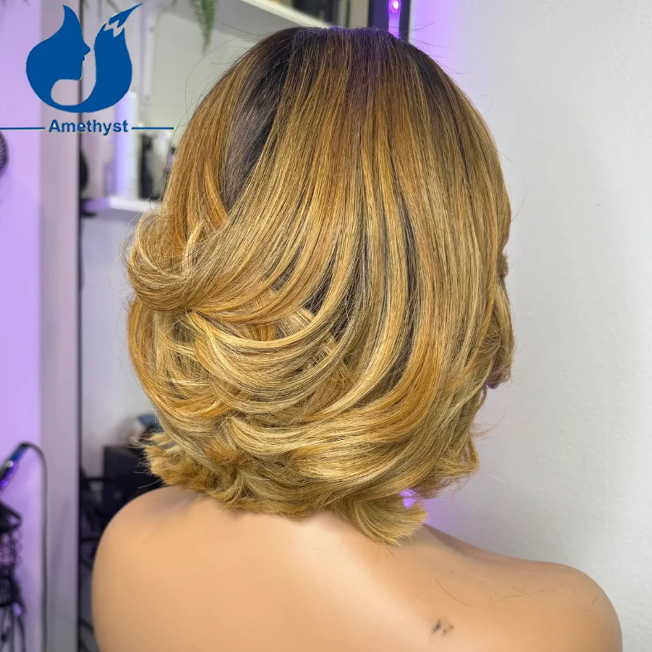 Amethyst Ombre pirang 27 # Wig Bob pendek dengan lapisan 13x6 Wig renda depan Remy rambut manusia Bob Brasil bagian tengah Remy bergelombang