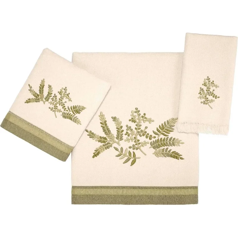 3pc Towel Set, Soft & Absorbent Cotton Towels (Greenwood Collection, Ivory)