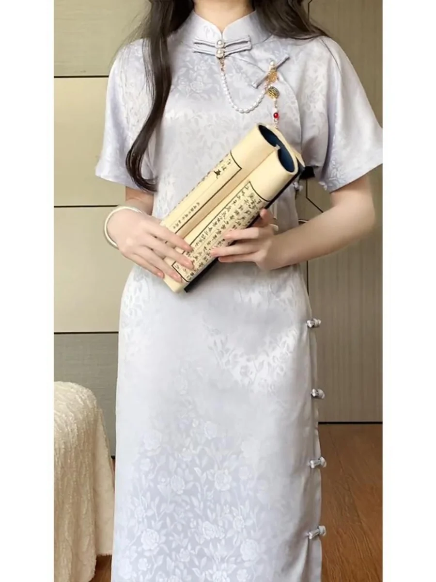 plus Size Women's Qipao Dress Full Open Front One-Piece Artistic Daily Wear Summer Short Sleeve Stand Collar A-Line Gown