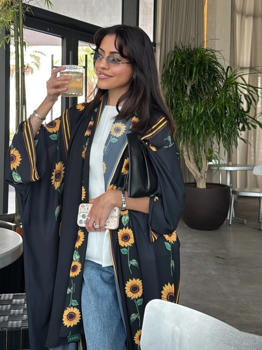 

Мусульманское женское кимоно с принтом подсолнечника, Дубай, Абая, кардиган, роскошное черное длинное платье, скромный кафтан, женская исламская одежда