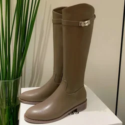 Luxury Brand Genuine Cow Leather Nude Color Women Gothic Botines Riding Western Equestrain Knee-high Boots With Metal Lock Strap