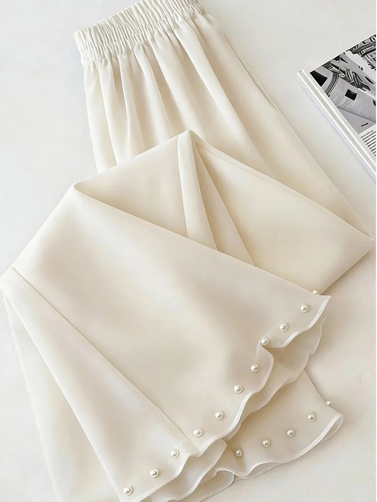 Elegant Loose Wide Leg Pant Women Fashion Pearls Buttons Sweet Trousers Summer Chic Casual Female High Waist Ins Solid Pants New