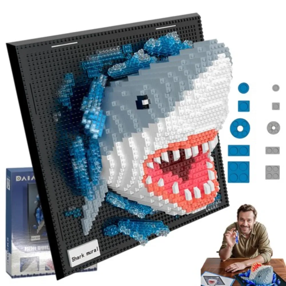 Modèle de blocs de construction MOC mural 3D en forme de requin, 24,5 x 15,8 x 24,5 cm, décoration murale stéréoscopique réaliste d'animal marin à faire soi-même, ornement de collection élégant, cadeau d'anniversaire idéal pour les collectionneurs de modèles marins adultes.