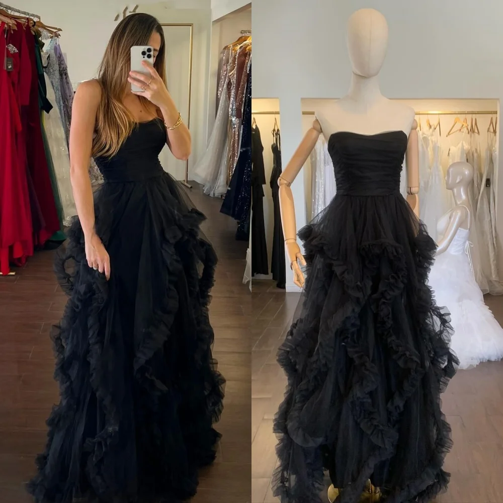 Tulle increspato Quinceanera a-line senza spalline abito da occasione su misura abiti lunghi