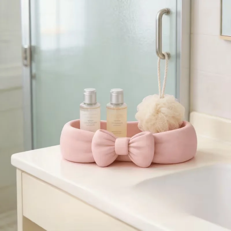 Niedlicher Schreibtisch-Organizer mit Schleife, Rosa Kosmetik-Ablage, Süße Aufbewahrungsbox für Zahnbürste und Hautpflege – Detail 6