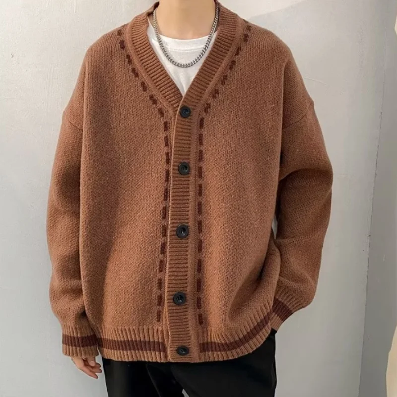 

V-neck sweater Cardigan men's autumn and winter casual Korean sweater coat loose line sweater Japanese retro trend Korean sweate