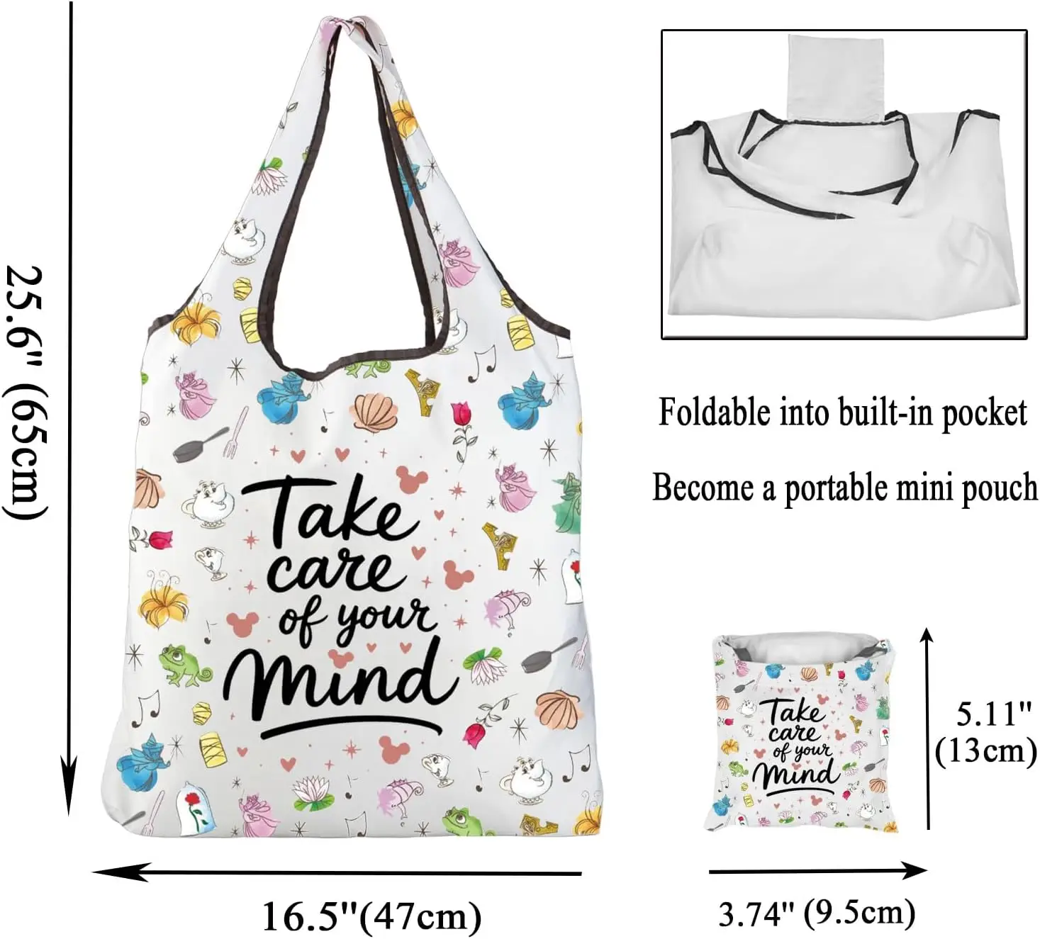 Princess Inspired Reusable Grocery Bag Cartoon Movie Fan Gifts Fairytale Lover Gift Take Care of Your Mind Foldable Bag