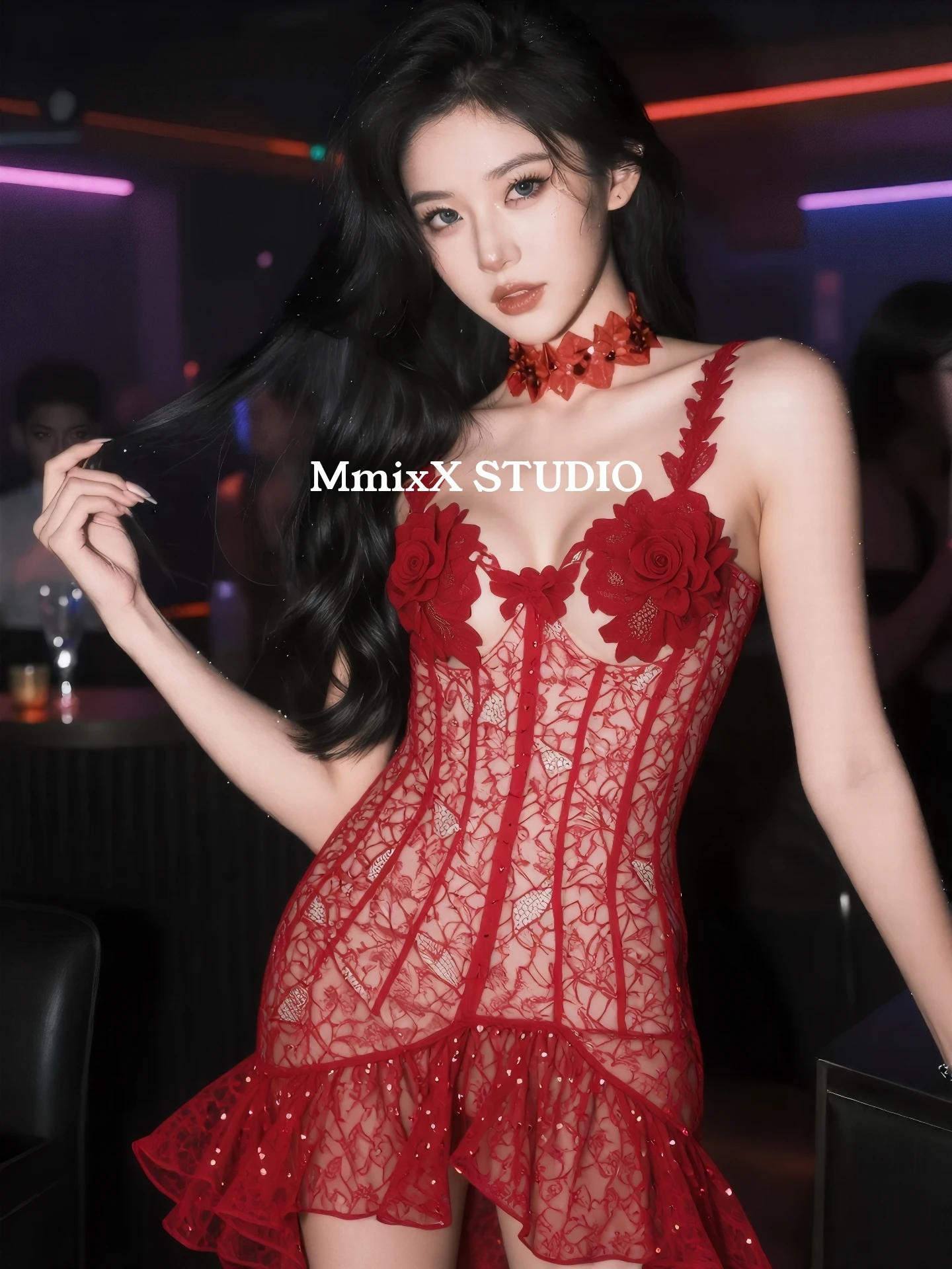 

Sparkling Lace Texture One-Piece Dr with Strap Cross Year Par High Waist Soft Polyester Fiber Micro Elastic A-Line Skirt