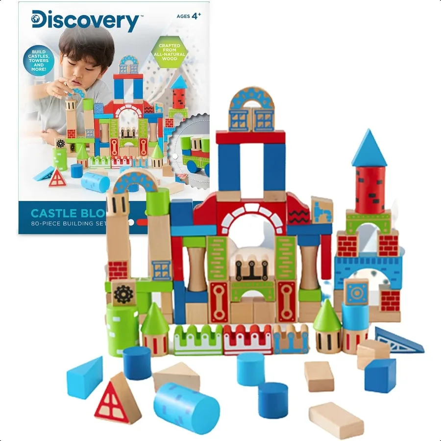 

Discovery Wood Castle Blocks 80Piece [Exclusive] Natural Wooden Building Stacking Set Imagination Creativity Activity Kit Presc
