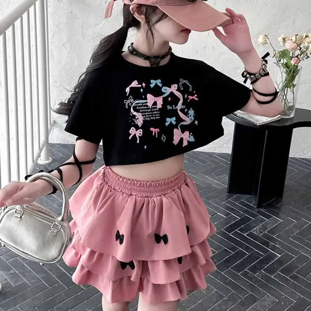 

Fashion Y2K Bow Children Cake Skirt Set Slim Fit Pleated T-shirt Skirt Suit Sweet Teenagers Girls Clothes Set Party
