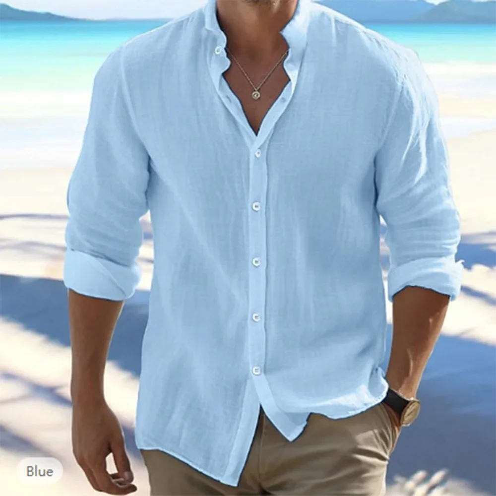 Cotton Linen Hot Sale Men's Long-Sleeved Shirts Summer Solid Color Stand-Up Collar Casual Beach Style