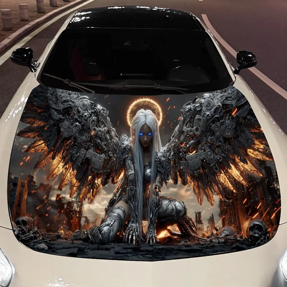 

Cyber Fantasy of Mechanical-Winged Woman Car Vinyl Wrap, PVC Material Waterproof Car Hood Sticker, Self-Adhesive Scratch-Resista