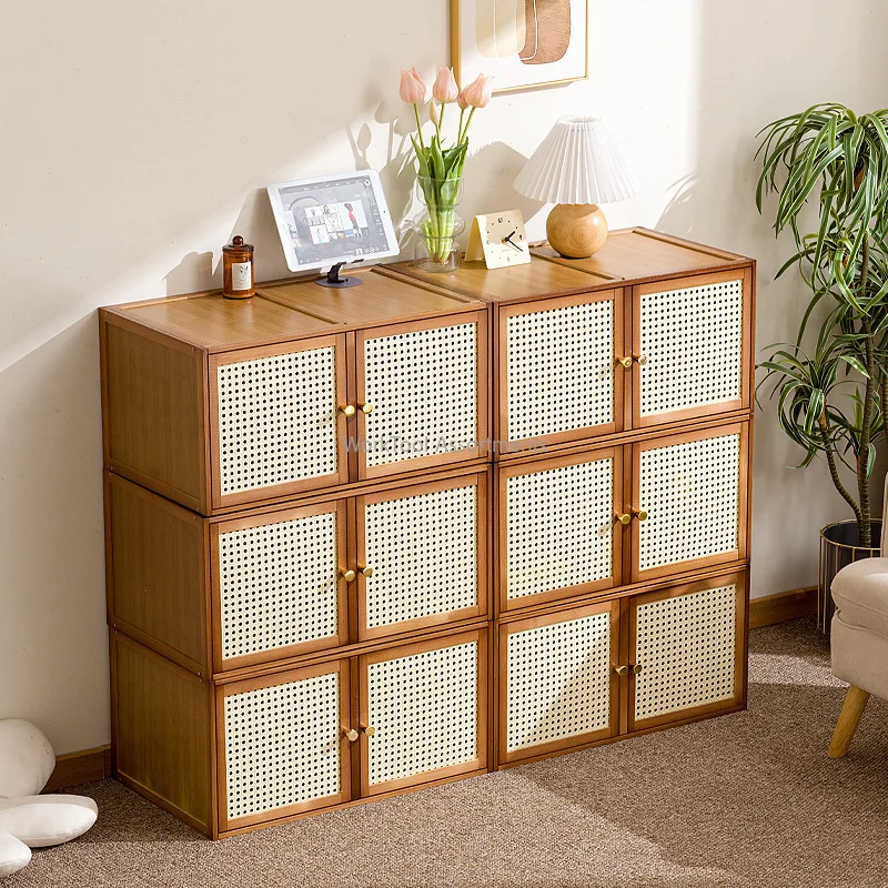 Bamboo Wood Grids Cabinet Stackable Household Storage Cabinet Floating Window Low Storage Box Bedside Cabinet For Bedroom Floor