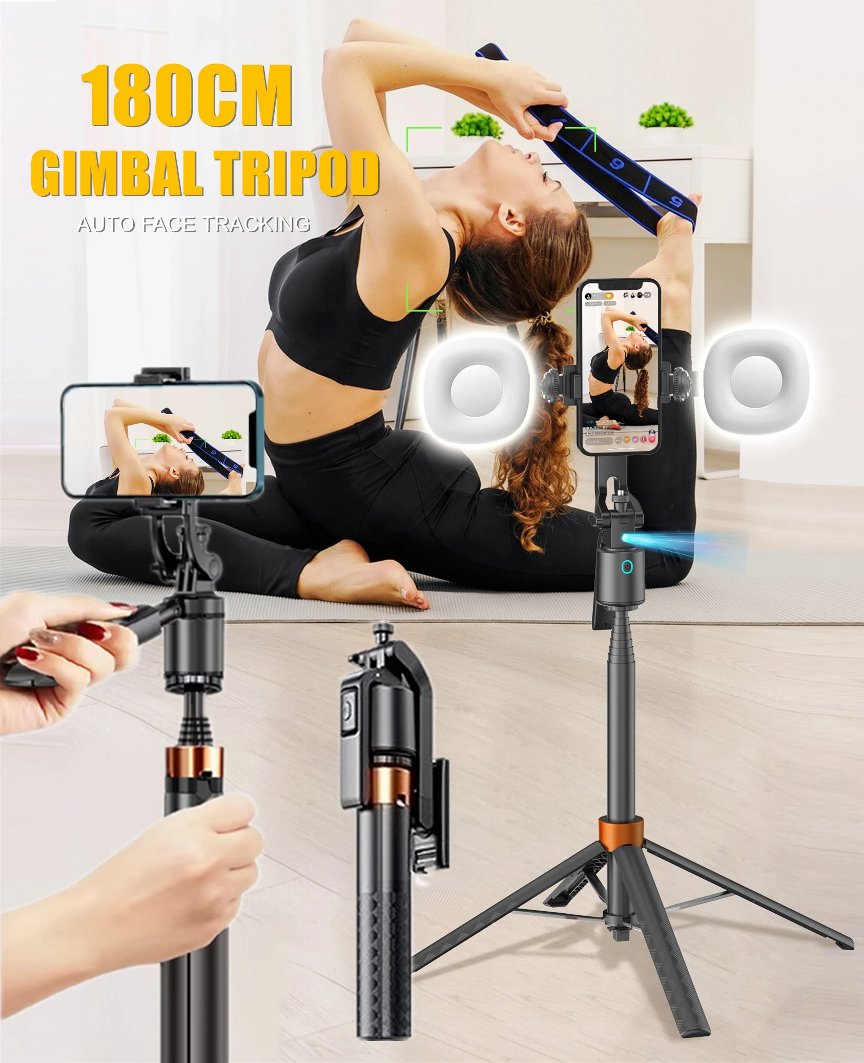 180cm/70.89in Tall Intelligent AI Facial Recognition Gimbals Tripod for Mobile Phone Action Camera Wireless Selfie Stick Bracket